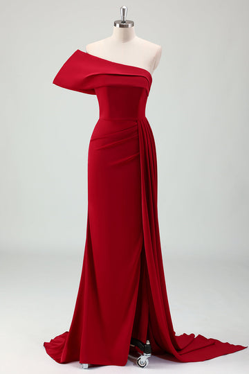 Red Mermaid One Shoulder Satin Long Bridesmaid Dress with Slit